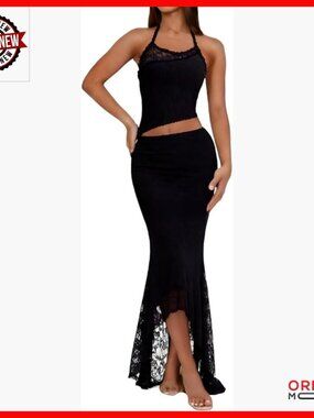Ruffle Trim Halter Crop Top and Maxi Skirt Set, Size Small, Polyester